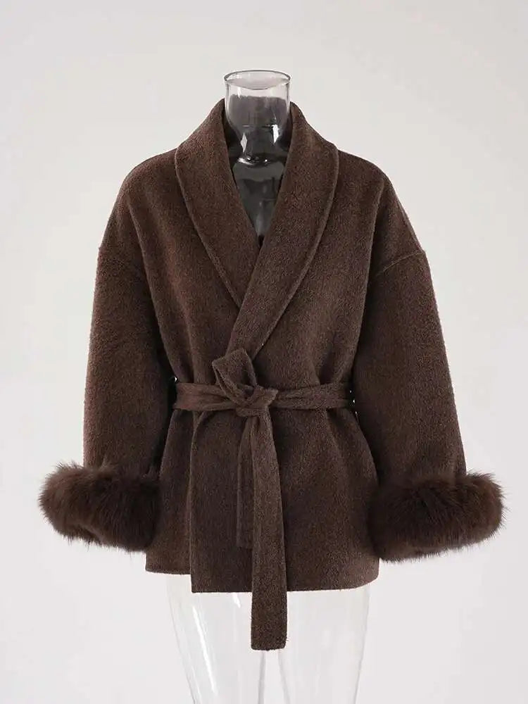 Women Overcoats Fur Patchwork Long Sleeve Woolen Coat