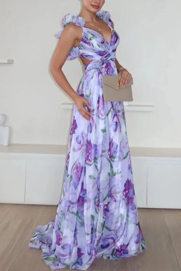 Women Chiffon Ruffle Edge Printing Maxi Dress V Neck Pleated High Waist Ankle Length Dress