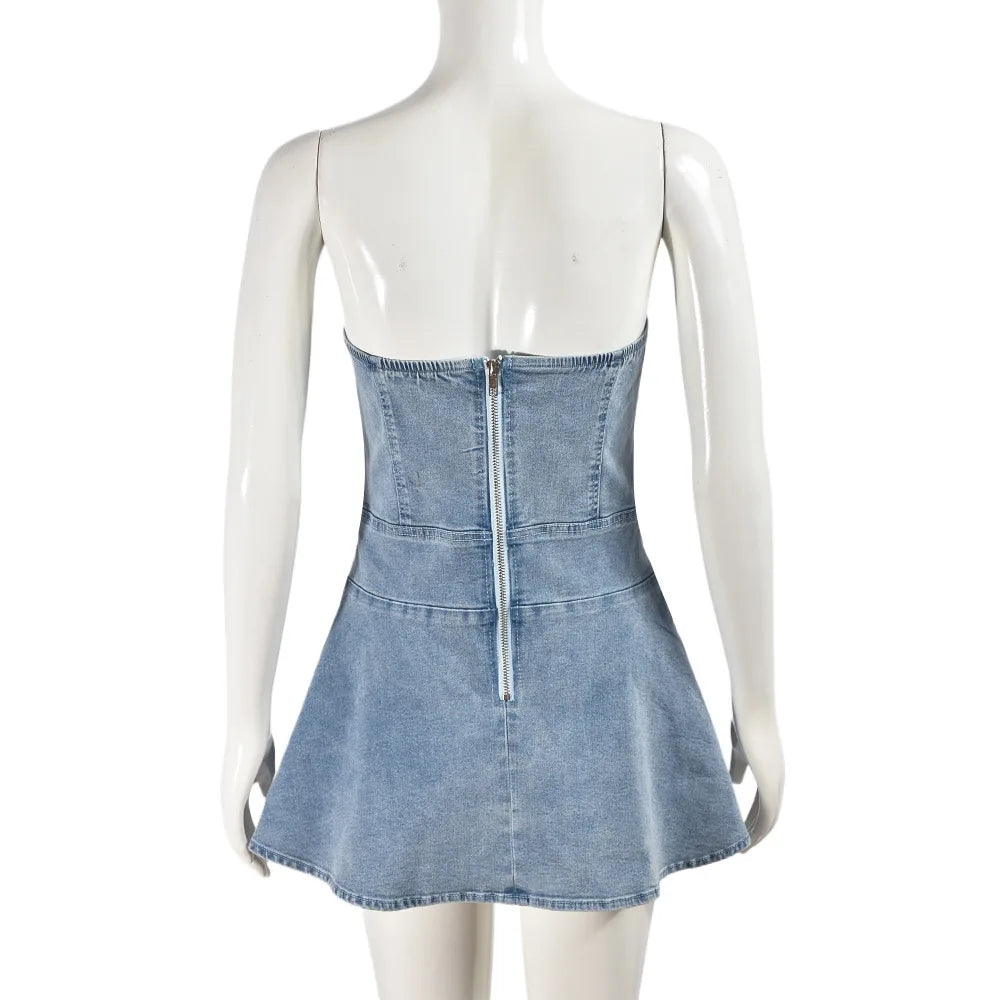 Women Stretch Denim Washed Wrap Backless Ruffle Dress