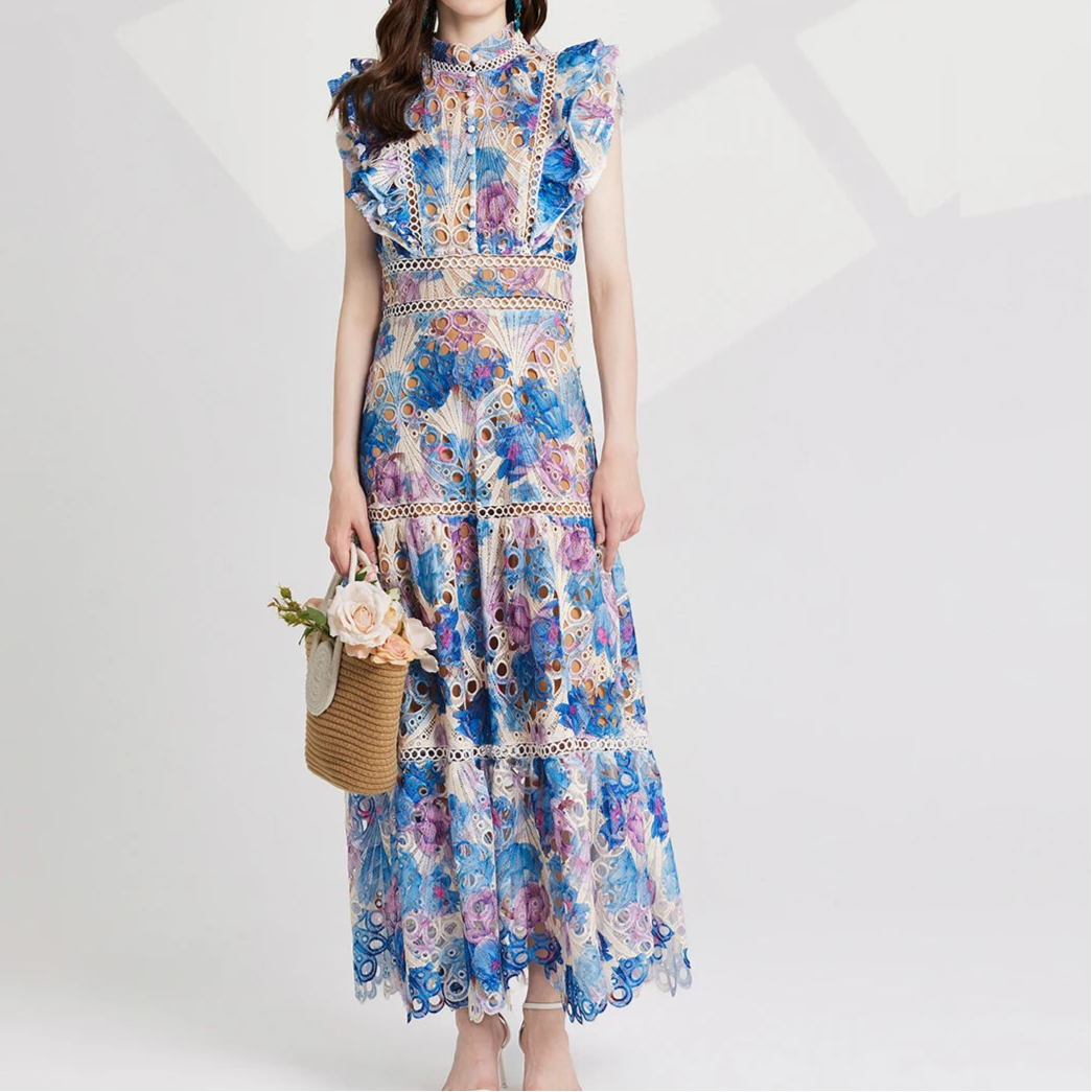 Flower Embroidery Maxi Wedding Guest Dress Women Flare Ruffles Sleeve Neck Colorful Long Robe