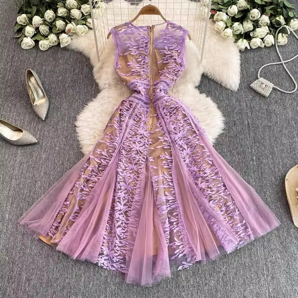 Solid Mesh Embroidery Dress Women's Sleeveless Round Neck Hollow Out Tulles Vestido