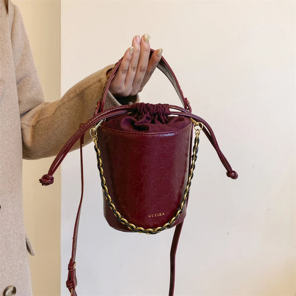 Retro Bucket Crossbody Bags For Women Oil-waxed Leather 2-IN-1 Chain Shoulder Bag