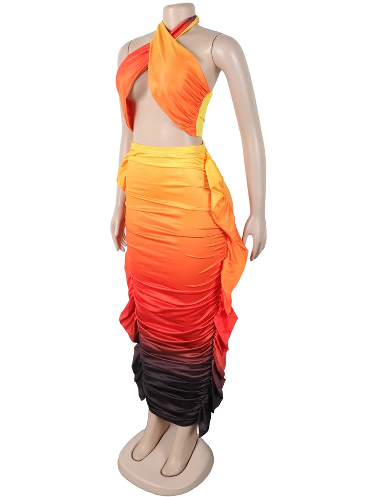 Tropical Goddess Halter Neck Crop Top And Maxi Skirt Set Resort Two-Piece Set