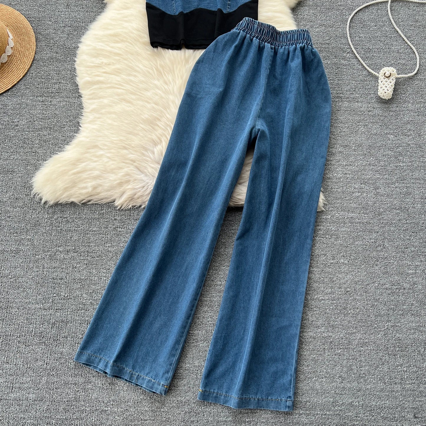 Women Denim pant sets Design Matching Color Short-sleeved T-shirt Tops + High-waisted Casual Pants