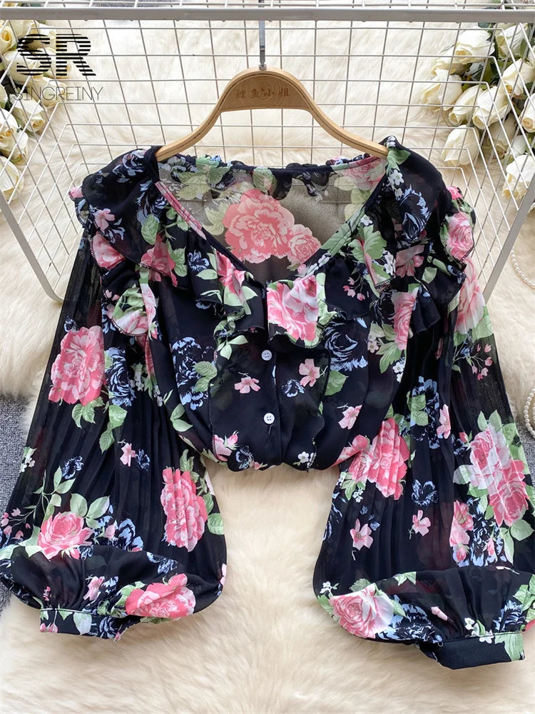 Floral Print Loose Shirt Women Lantern Sleeve V Neck Thin Causal Ruffle Blouse