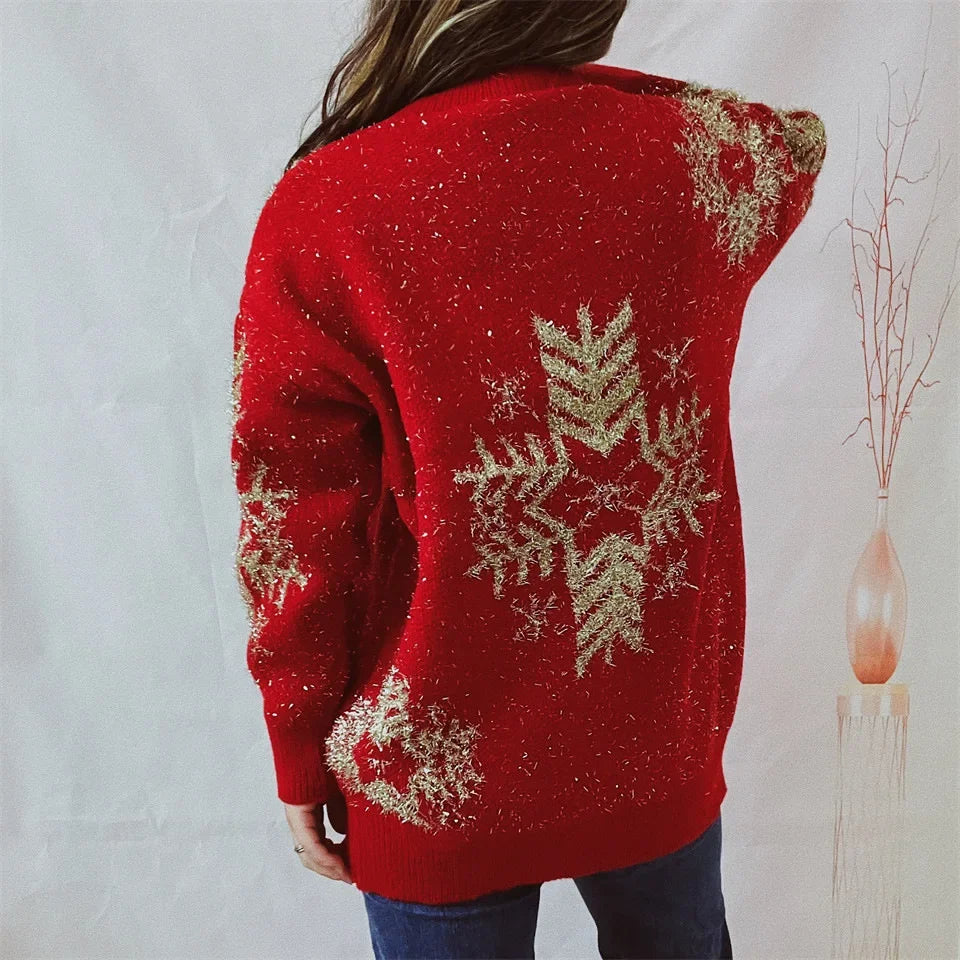 Loose-fit Line Big Snowflake Christmas Sweater Women's Pullover Thickened Crew Neck Sweater