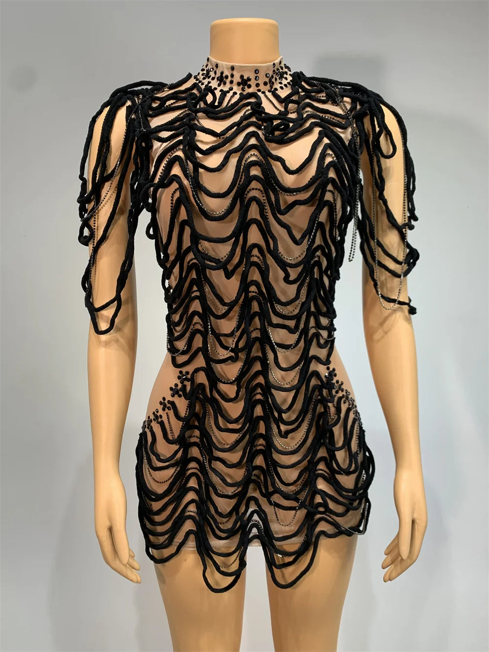Mesh Rhinestones Chain Mini Dress Nightclub Party Performance Outfit