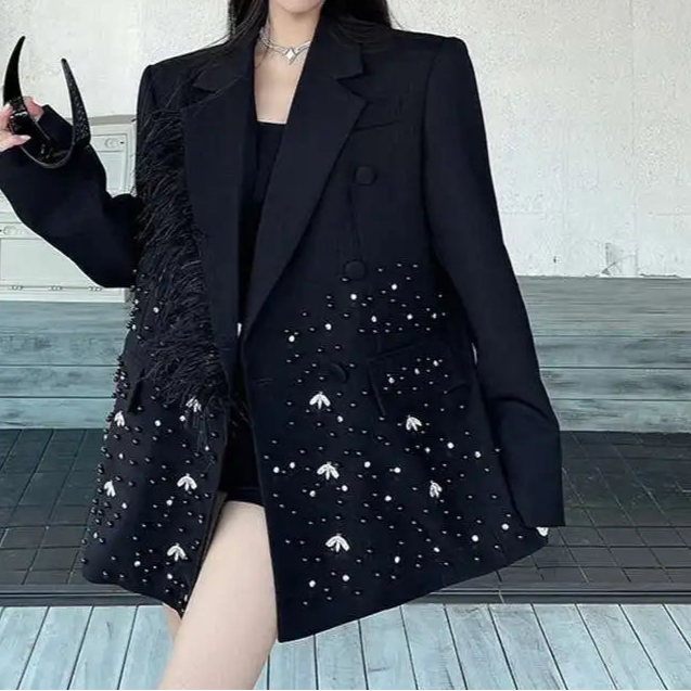 Stamping Nail Beads Blazer for Women's Notched Collar Double Breasted Loose Feather Patchwork Suit Jacket