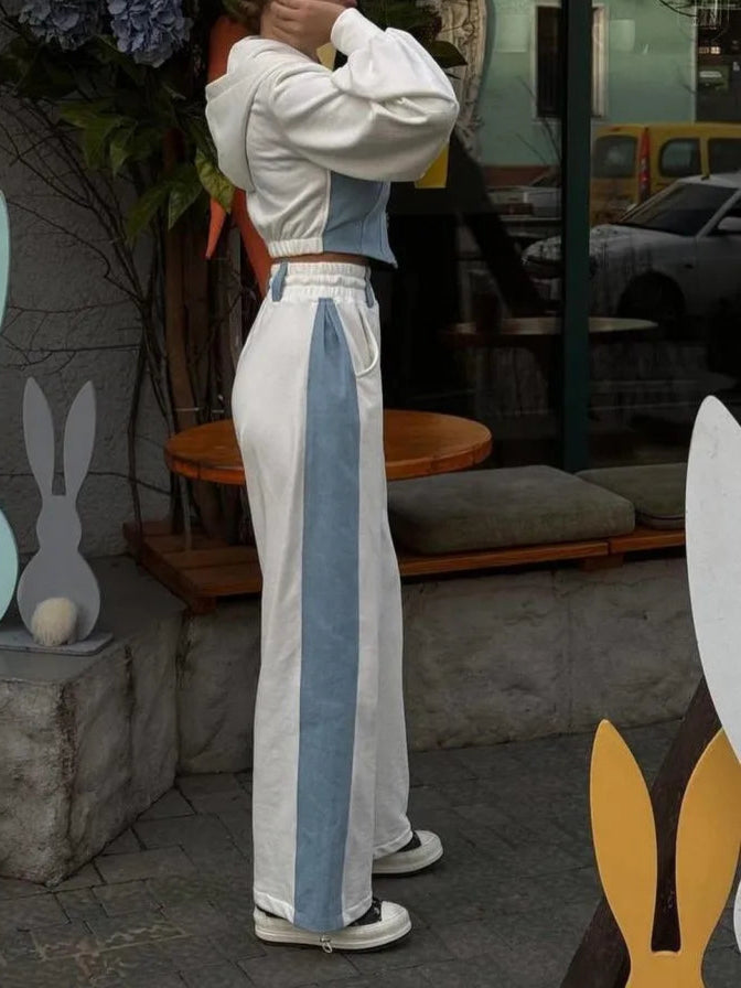 Patchwork Denim 2 Piece Sets Women Outfit Slim Hoodies Crop Top Wide Leg Sweatpants Suits