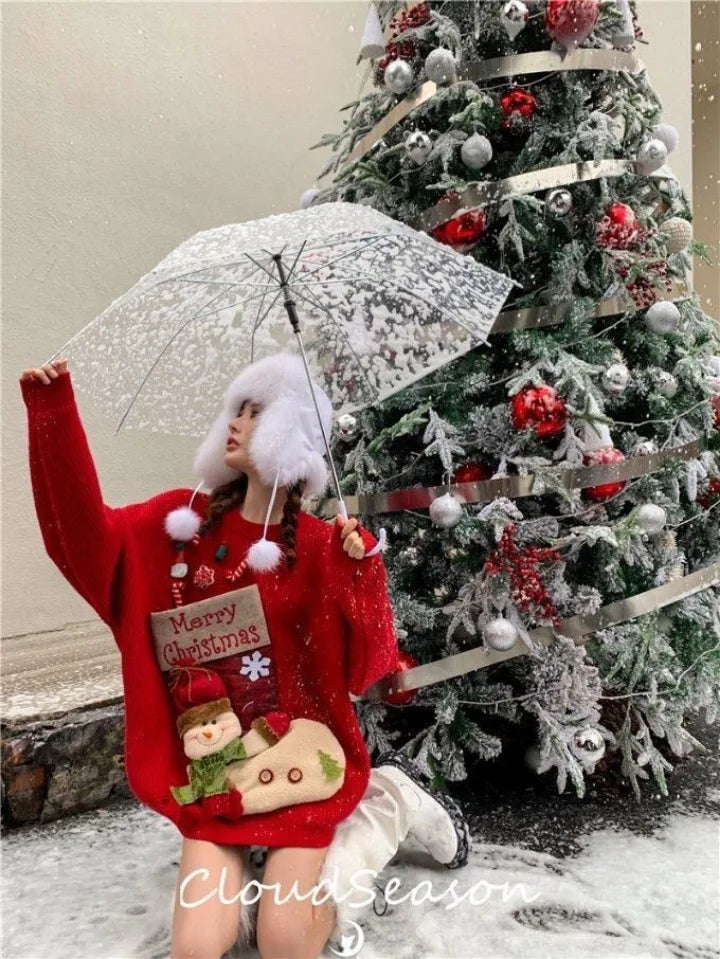 Christmas Sweater Loose New Lazy Thick Sweater Three-dimensional Cartoon Red Sweater