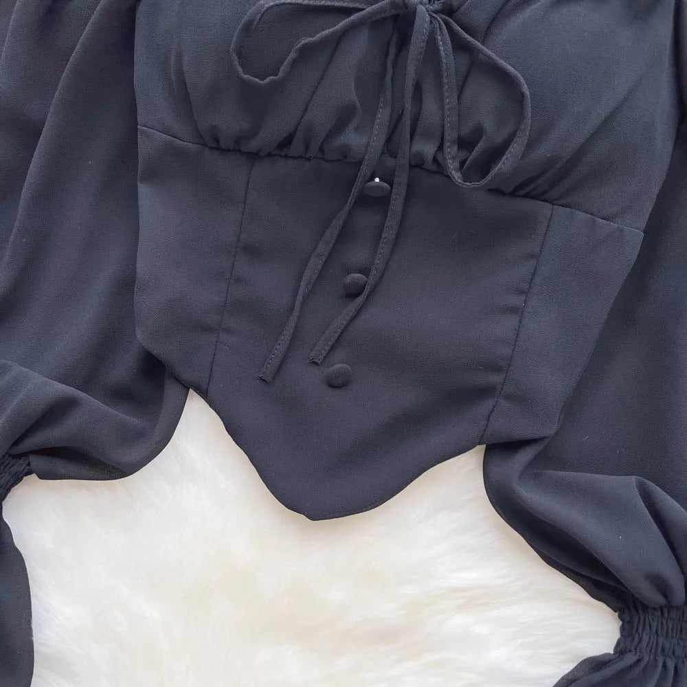 Flare Sleeve Women Top Ruffle Solid Elastic Waist Halter Backless Chiffon Blouse