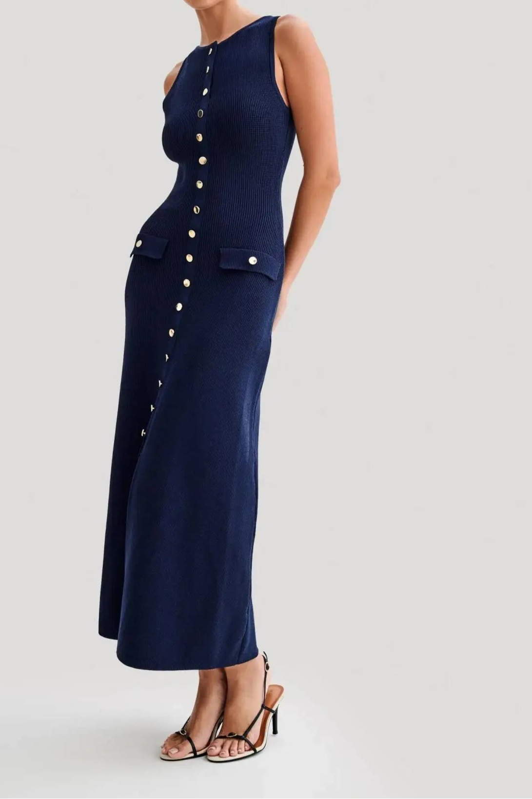 Elegant Knitted Long Dresses Women O Neck Sleeveless Single Breasted Bodycon Midi Dress