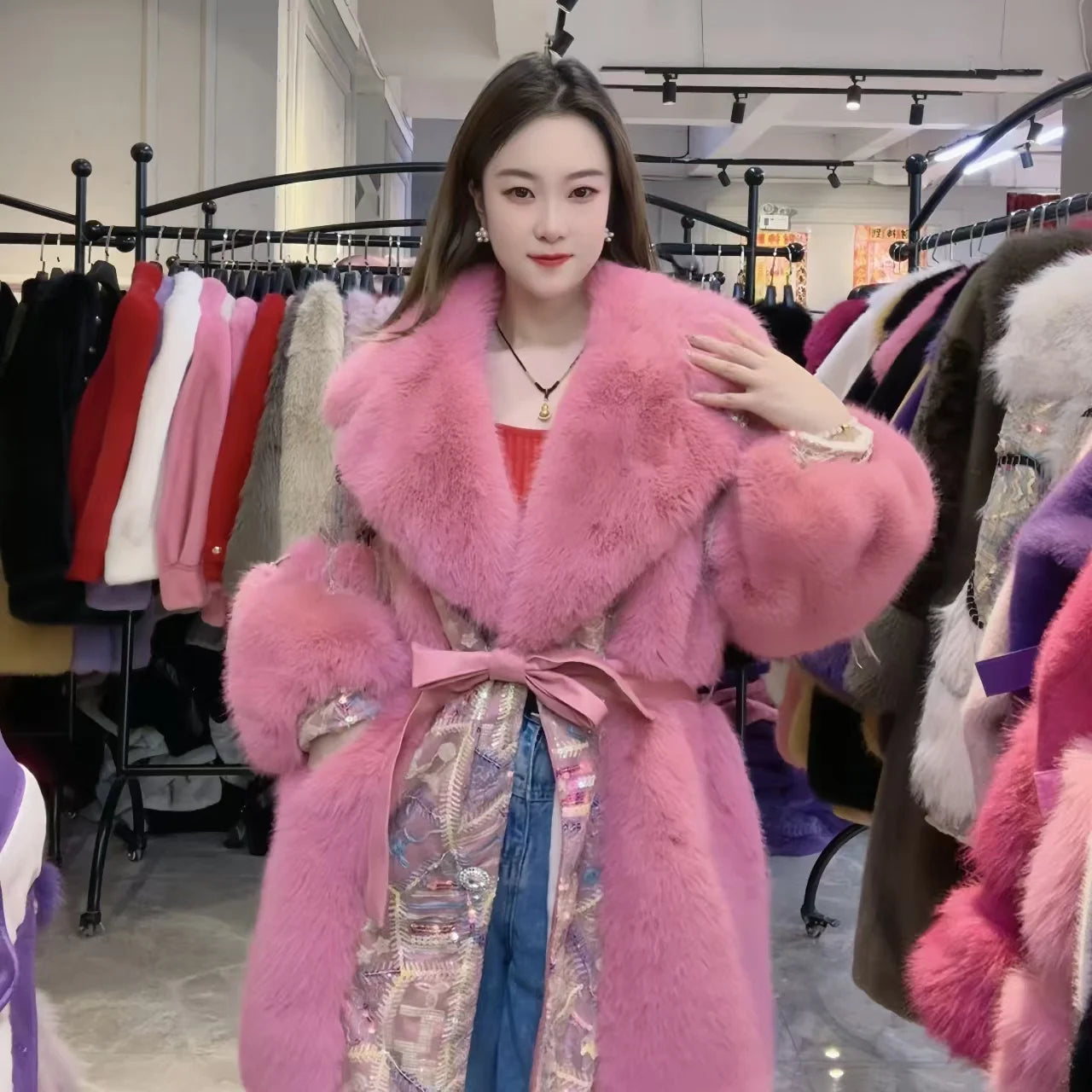 Faux Fur Coat for Women, Sequins Jacket, Loose Long Overcoat, Thick Warm Female Clothing, Fashion,High Quality, New, Winter