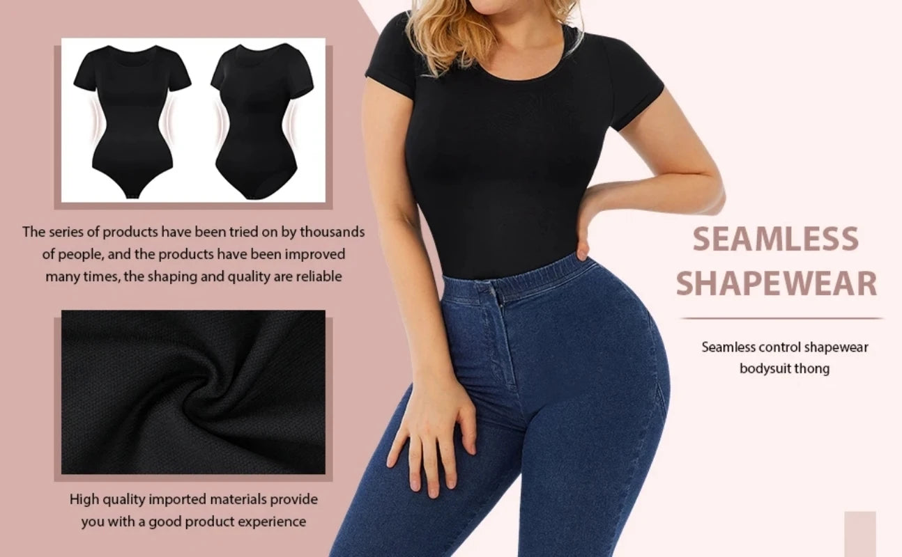 Women Bodysuit Shapewear Seamless Short Sleeve Thong Tummy Control Sculpting Body Shaper
