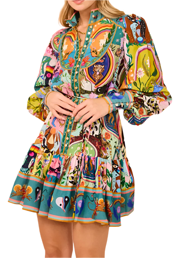 printed round neck dress cinched waist strap pleated ruffle edge dress summer dress