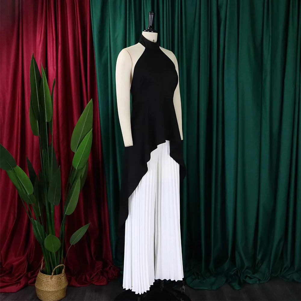 Elegant Two Piece Set Women Outfit Backless Top Hundred Pleated Wide Leg Pants Trousers Suit Summer Office Lady Suit