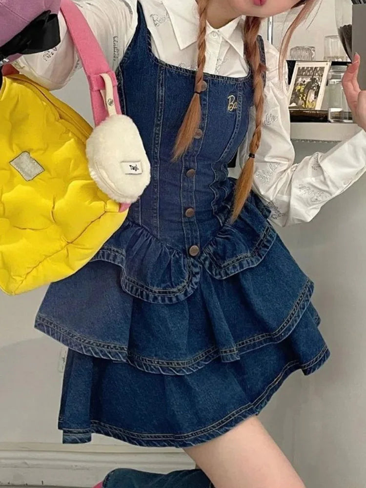Denim Ruffle Mini Dress Y2k Korean Fashion Women Vintage Denim Dress