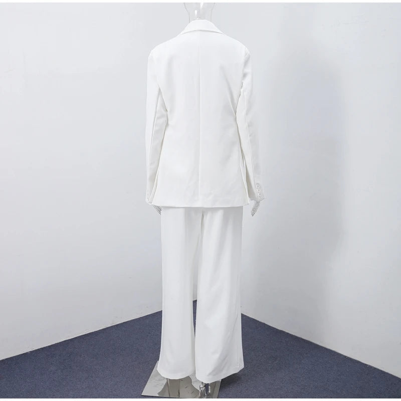 Elegant Blazer Pants Sets Women V-neck Lace up Jacket Full Sleeve Wide Leg Trousers Suit