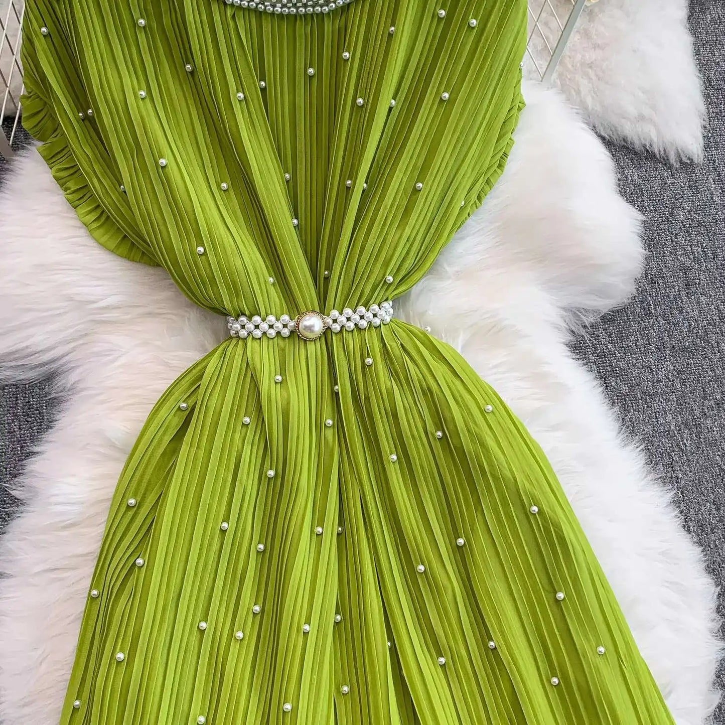 Summer Luxury Pearls Long Chiffon Dress For Women Loose Big Size Short Sleeve Crystal Birthday Evening Midi Pleated Dresses