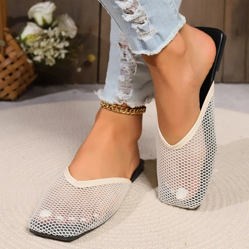 Flats Mules Women Slippers Mesh Sandals New Square Toe Slippers