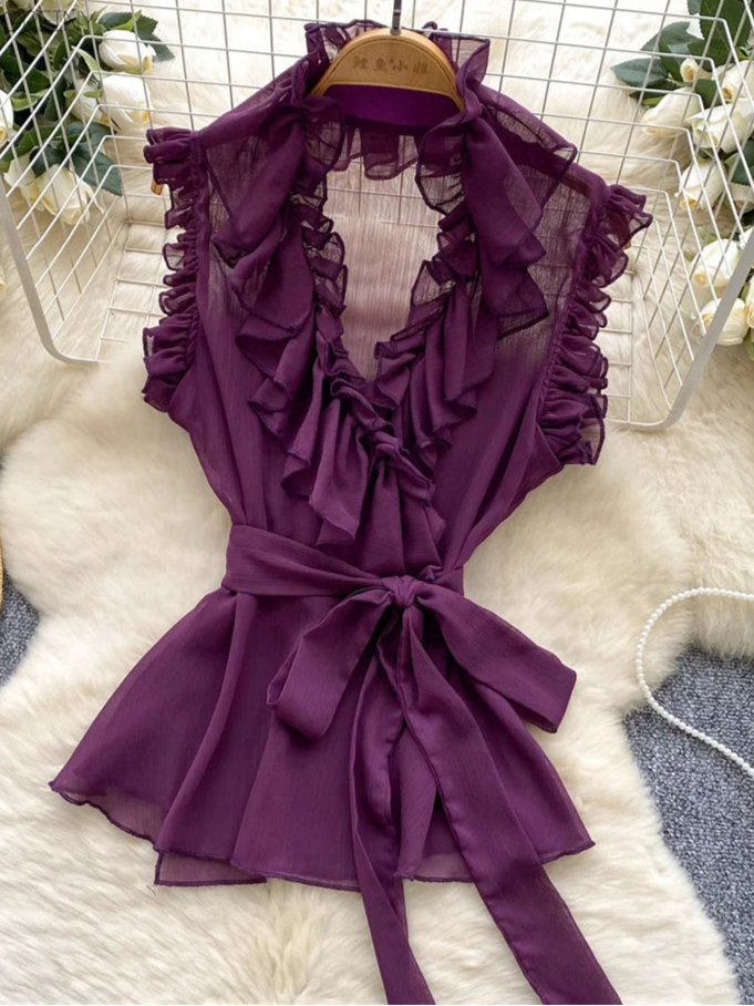 Sweet Ruffles Chiffon Blouses Women Sleeveless V Neck Retro Lace Up Blouse