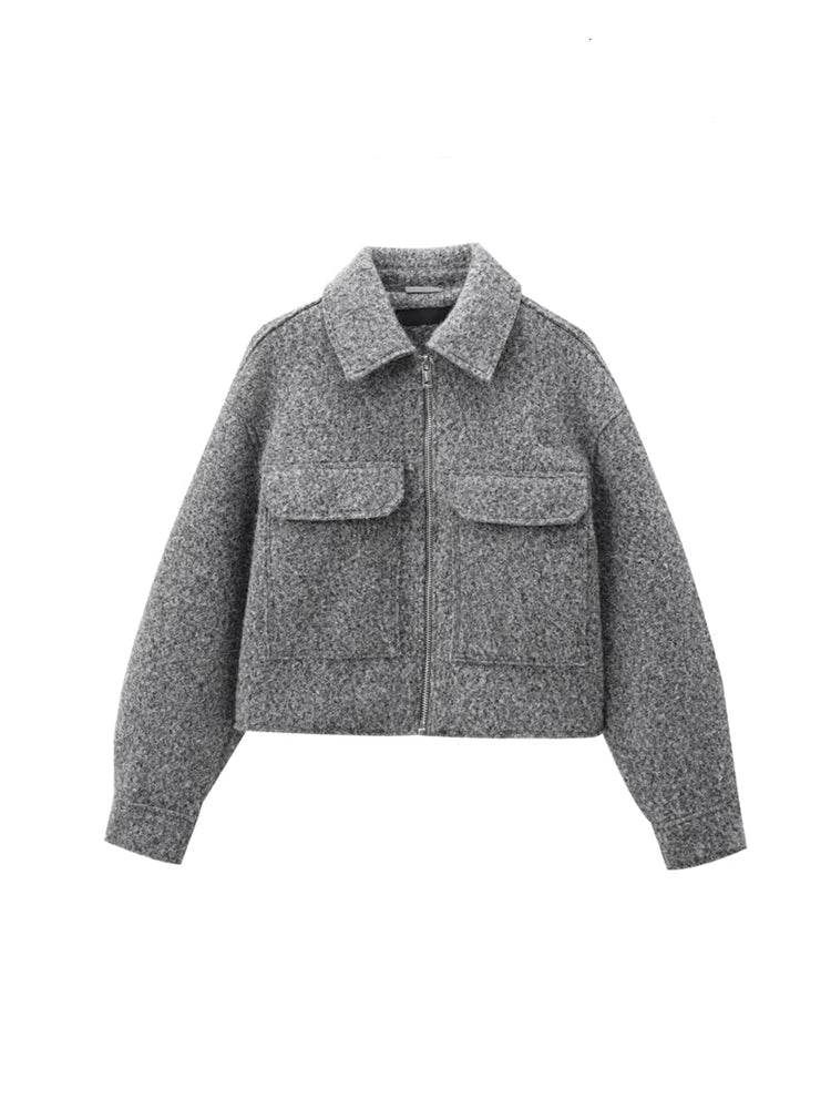 Cropped Jacket with Pockets for Women, Long Sleeve Coat Front Zipper Female Outerwear