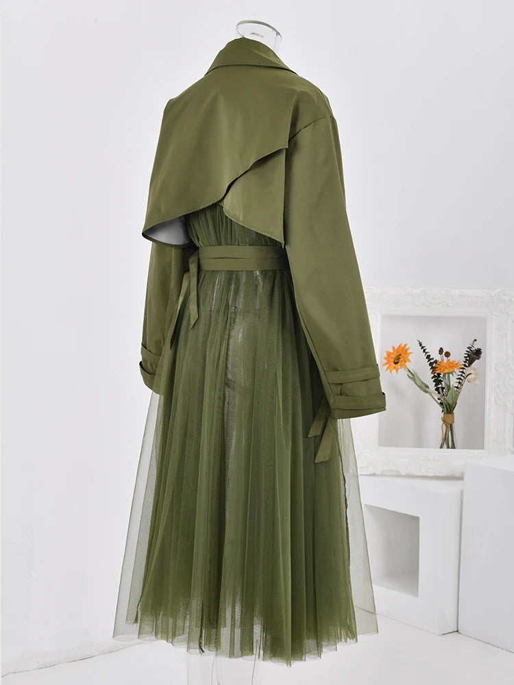 Vintage Gauze Patchwork Windbreaker Women Lapel Double Belt Gathered Trench Coat