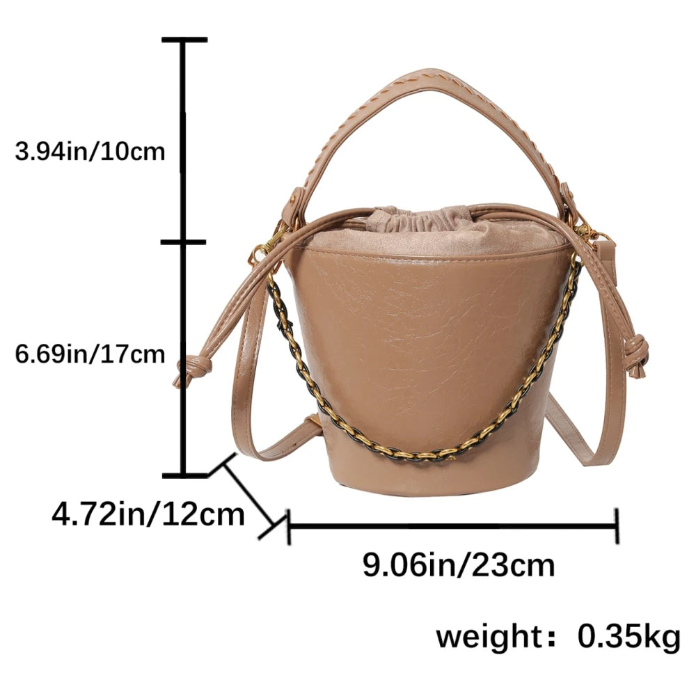 Retro Bucket Crossbody Bags For Women Oil-waxed Leather 2-IN-1 Chain Shoulder Bag