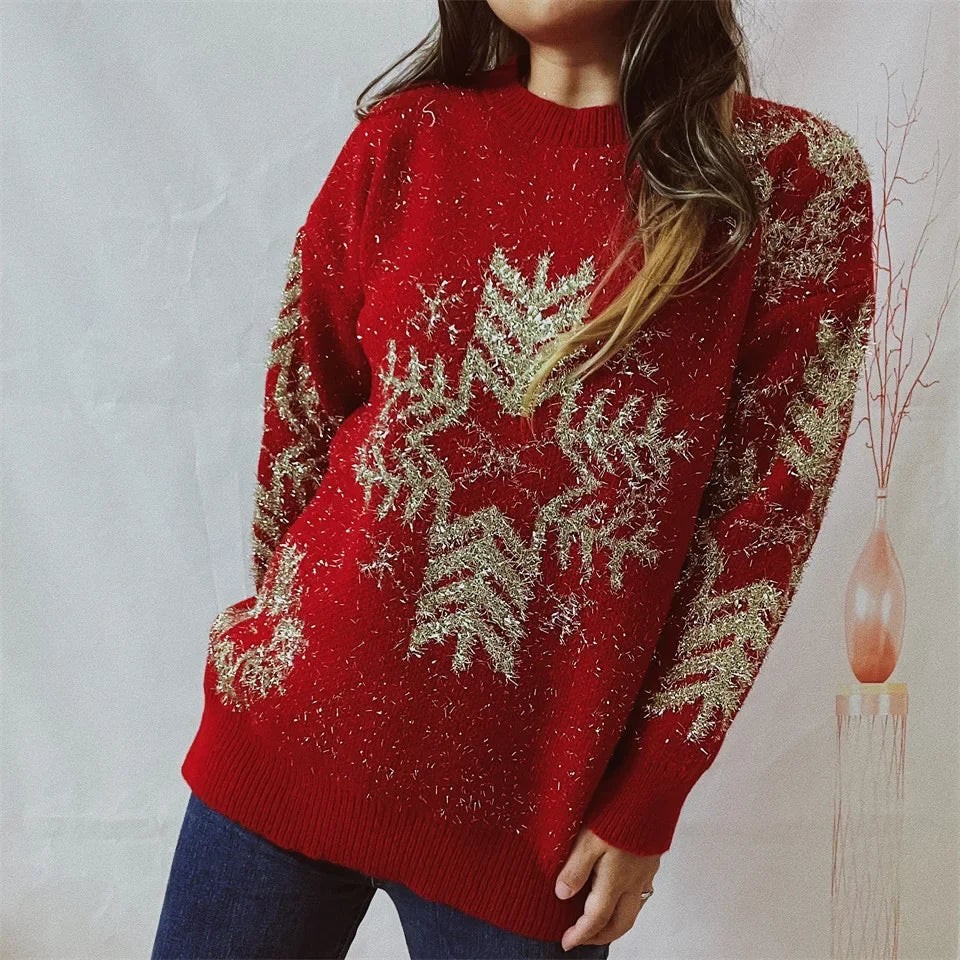 Loose-fit Line Big Snowflake Christmas Sweater Women's Pullover Thickened Crew Neck Sweater