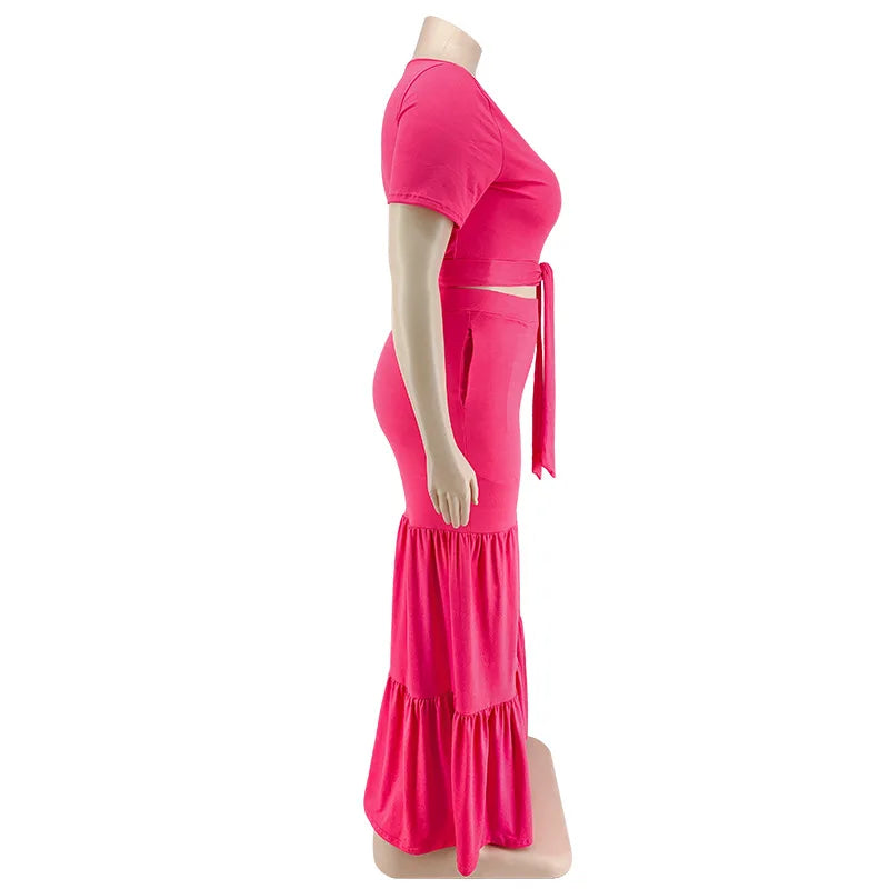 Plus Size Pants Sets Two Piece Outfits Summer Holiday Solid Bandage Top Wide Leg New Matching Suit