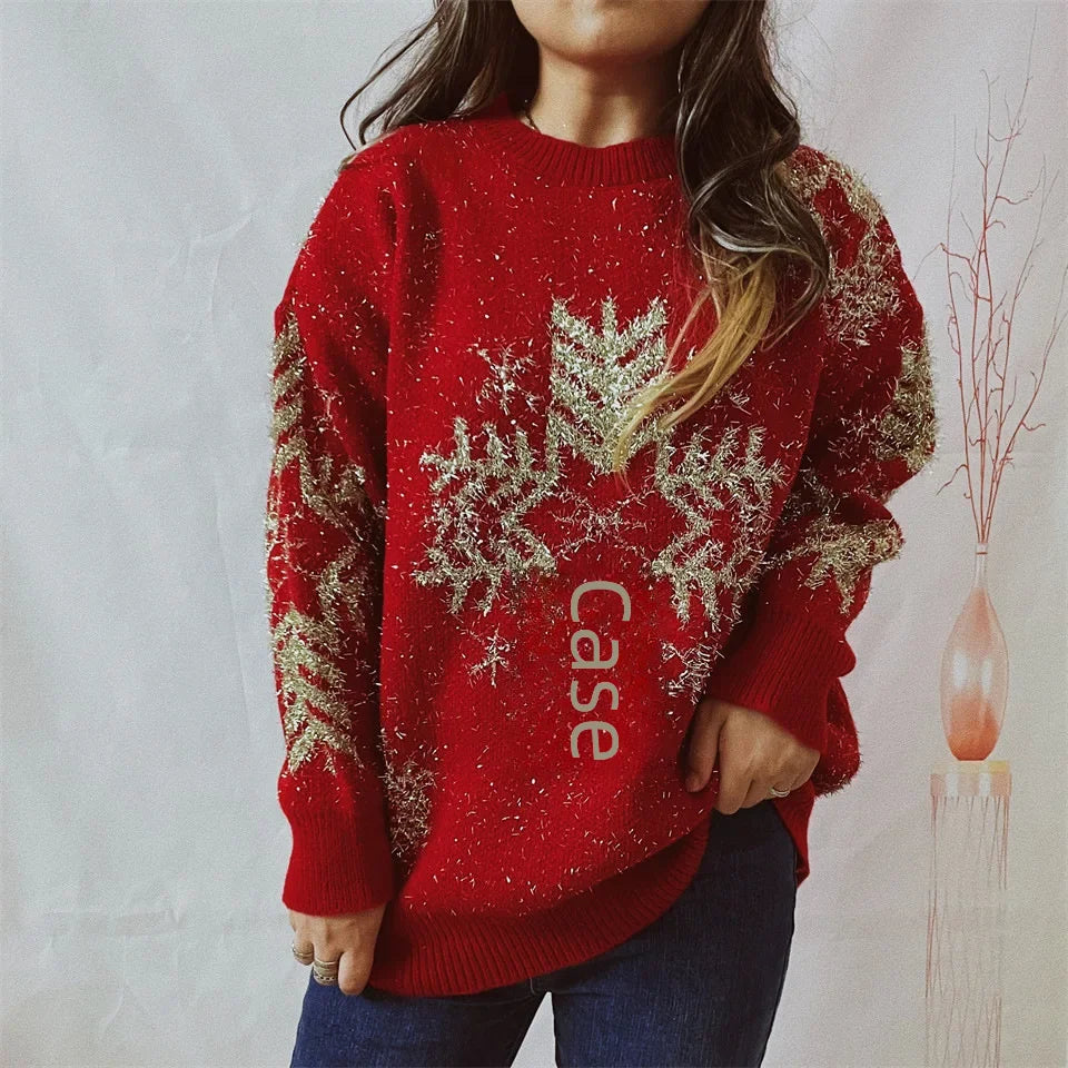 Loose-fit Line Big Snowflake Christmas Sweater Women's Pullover Thickened Crew Neck Sweater