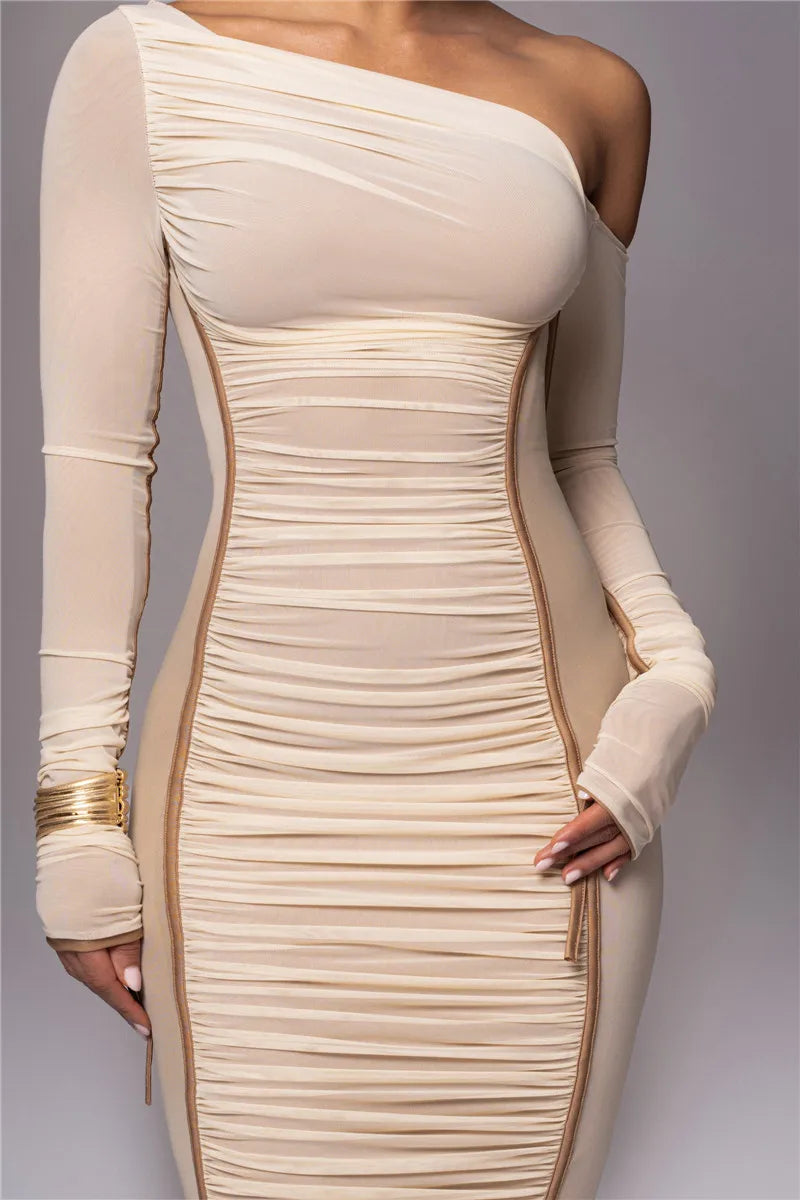 Diagonal Collar Long Sleeve Midi Bodycon Dress For Women Two Layer Mesh