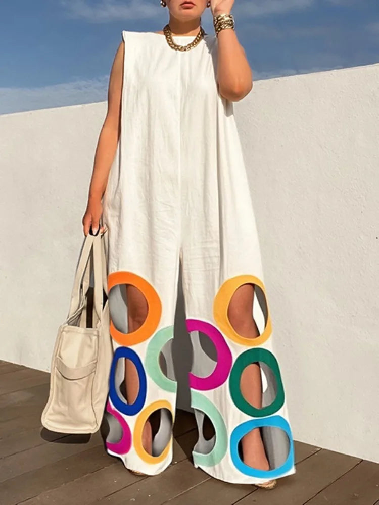 Women Fashion Rainbow Hollow Wide Leg Jumpsuits Urban Office Overalls