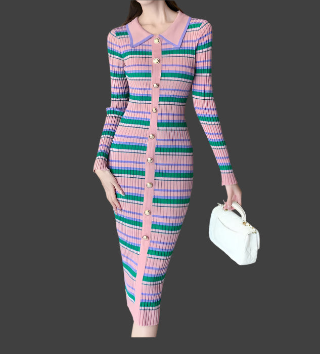 Stripes Knitted Dress Women Slim Elastic Bodycon Party Sweater Dresses