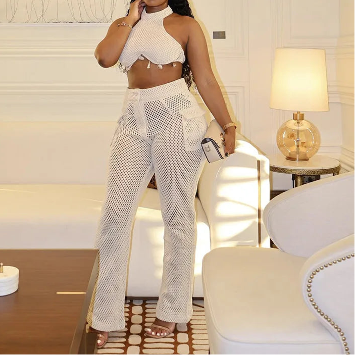 Women's Two Piece Solid Color Neck Hanging Skirt Top with Hollow Pocket Pants Set