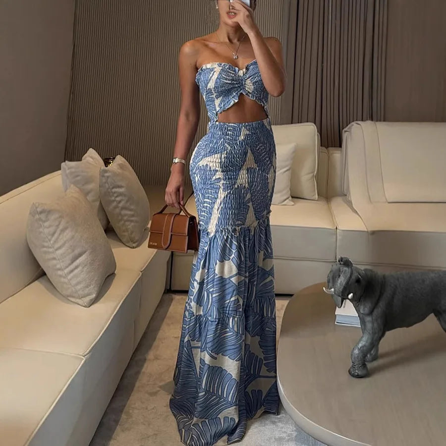 High Waist Hollow Dress Women Lace-Off Printed Sling Long Floor Maxi Dress