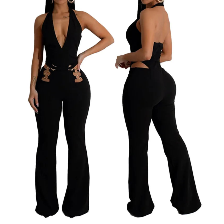 Women V-Neck Backless Straight Sleeveless Flare Jumpsuits One Piece Outfits
