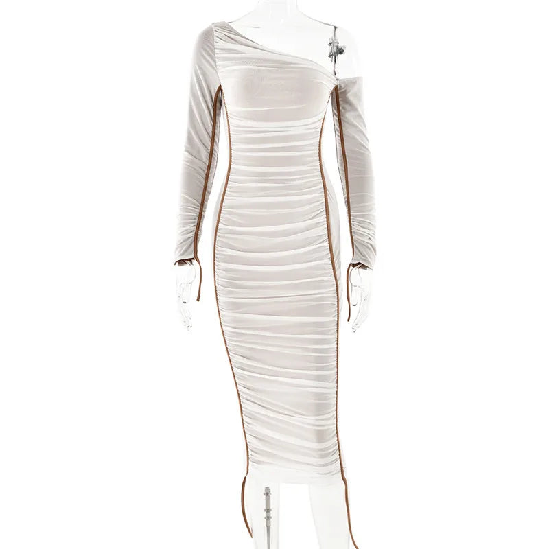 Diagonal Collar Long Sleeve Midi Bodycon Dress For Women Two Layer Mesh