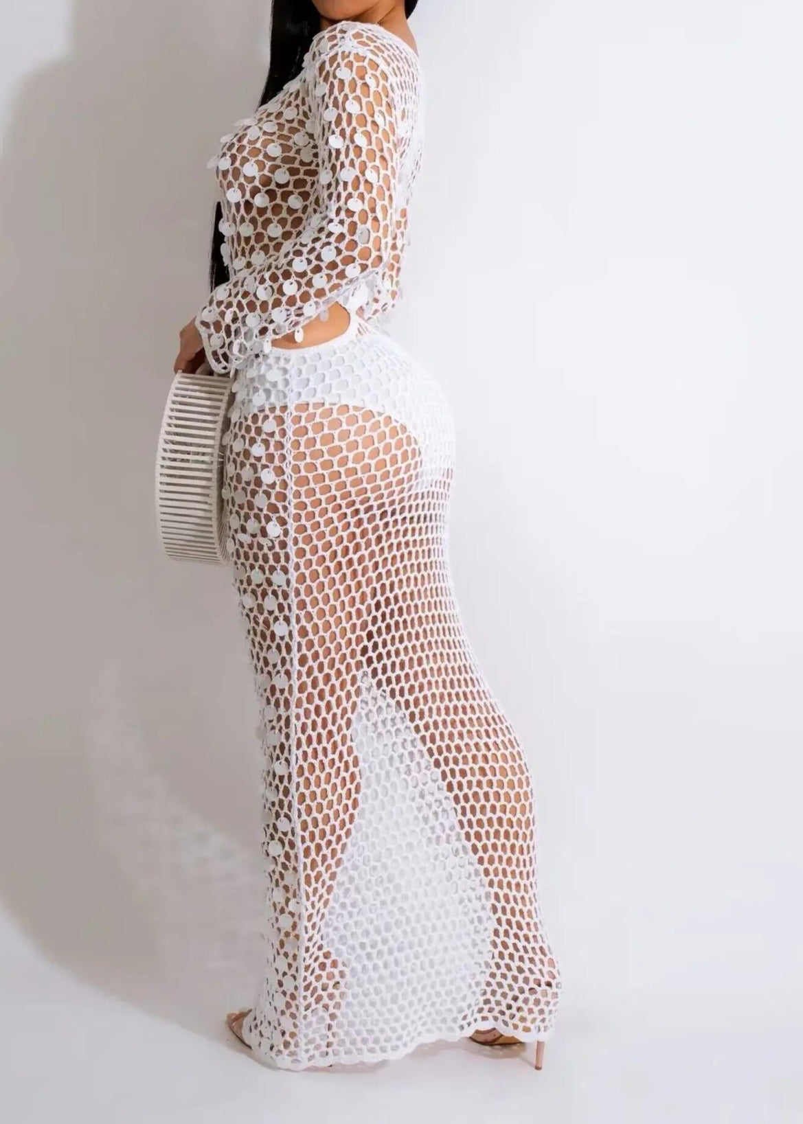Fishnet Knitting Hollow Sequins Maxi Dress Sexy See Through Vacation Beach Dress Resort Wears