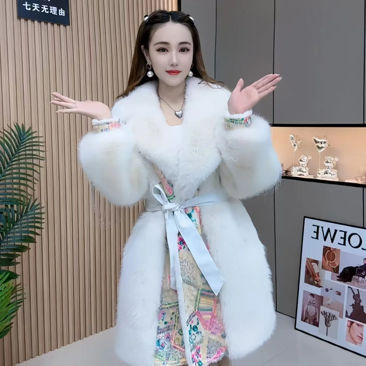 Faux Fur Coat for Women, Sequins Jacket, Loose Long Overcoat, Thick Warm Female Clothing, Fashion,High Quality, New, Winter