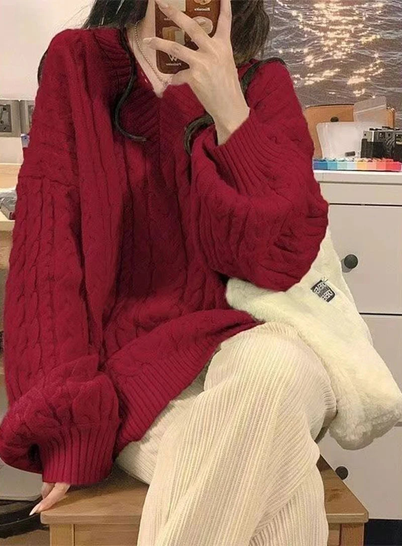 Lantern Sleeve Knit Sweater Women Korean Solid Twist V-Neck Pullover Jumper