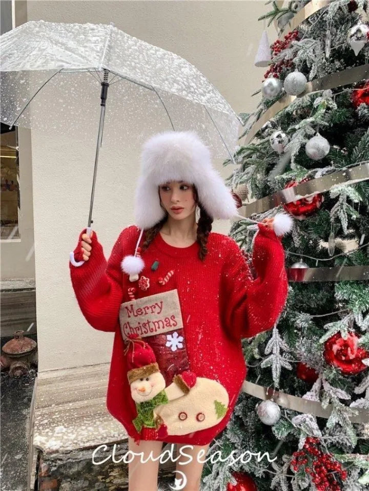 Christmas Sweater Loose New Lazy Thick Sweater Three-dimensional Cartoon Red Sweater