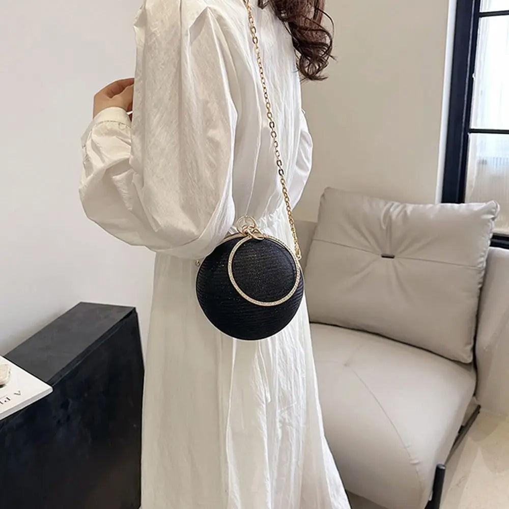 Gold Bright Silk Circular Evening Bag Women Banquet Clutch Rhinestone Chain Shoulder Bags