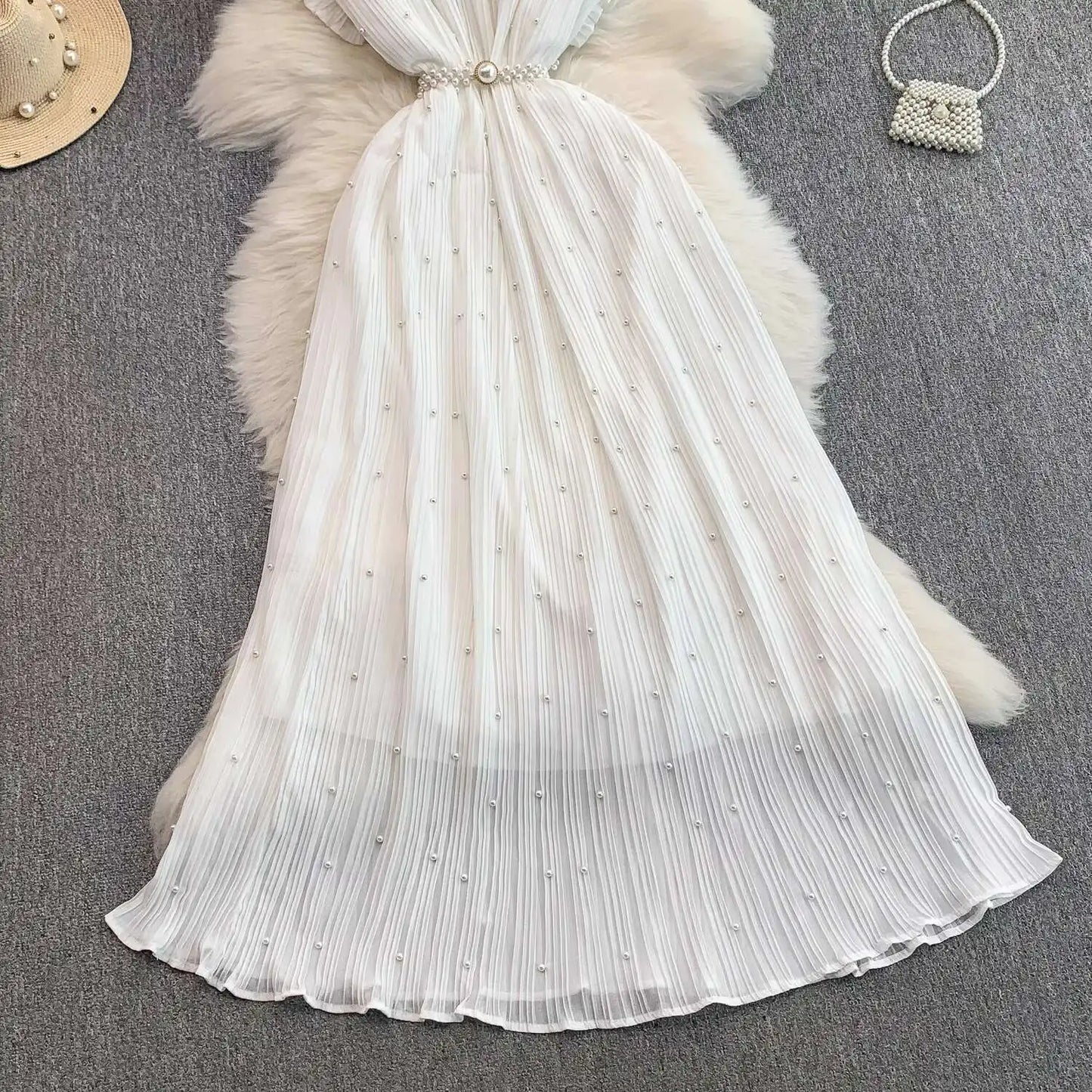 Summer Luxury Pearls Long Chiffon Dress For Women Loose Big Size Short Sleeve Crystal Birthday Evening Midi Pleated Dresses