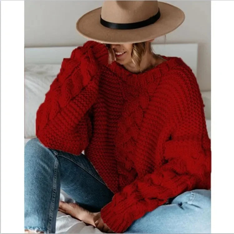 Loose Knitted Casual Sweater V Turtleneck Twist Women's Pullover Sweater