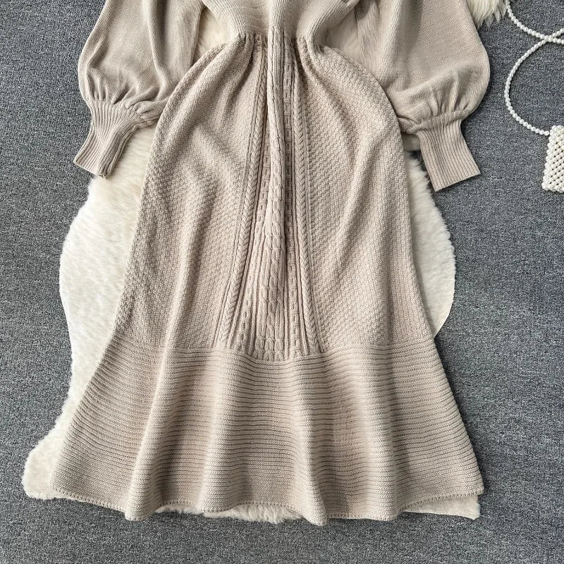 Lazy Style Round Neck Waist Wrapped Slim Mid Length Bubble Sleeve Knitted Dress