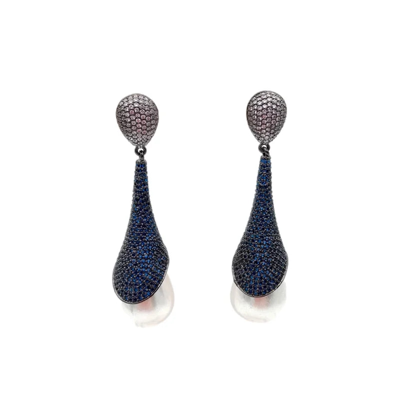 16x25MM White Sea Shell Pearl Colbalt CZ Pave Gunmetal Dangle Stud Earrings