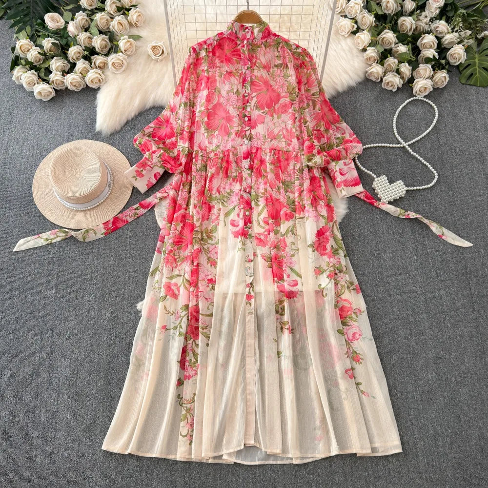French Style Midi Dress Femme Robe Stand Collar Lantern Sleeve Slim Fit High Waist Dress