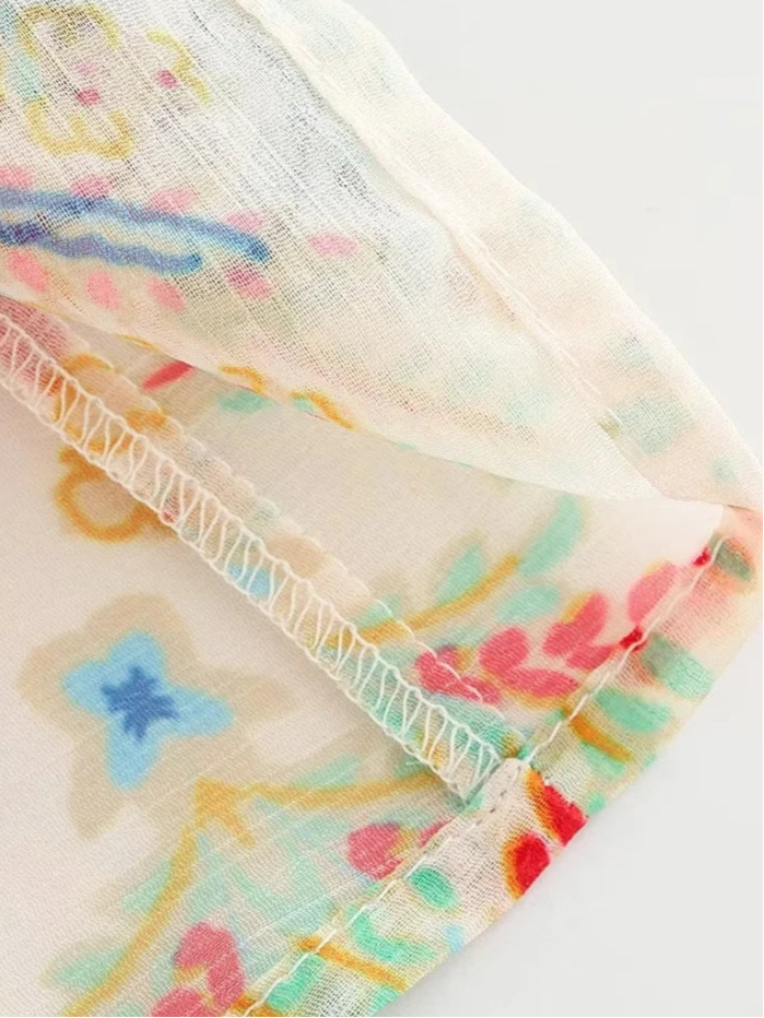 Women Vintage Totem Flower Print Pleated Puff Sleeve Blouse Breasted Shirt