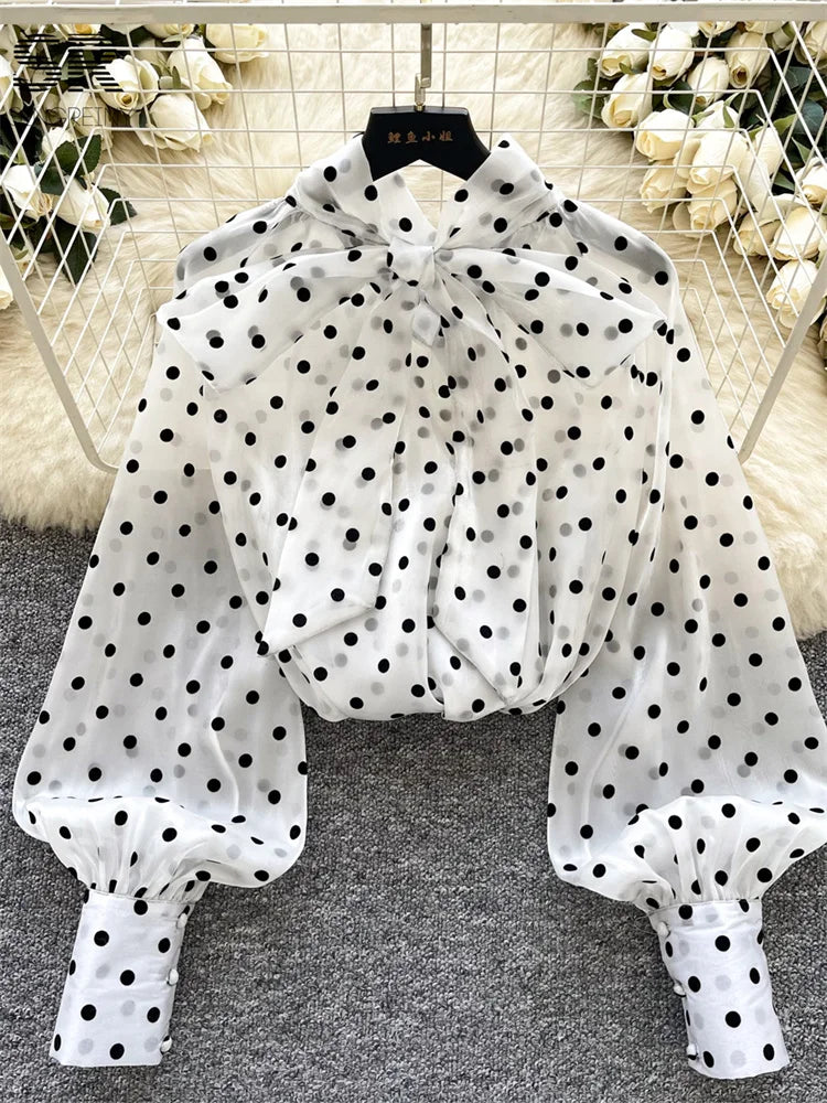 Vintage Polka Dot Tops Puff Sleeve Bow Lace Up Design Blouse
